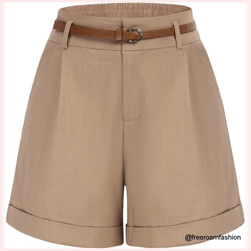 Elastic Waist Bermuda Shorts with Pockets and Belt, Wide Leg Casual Wear